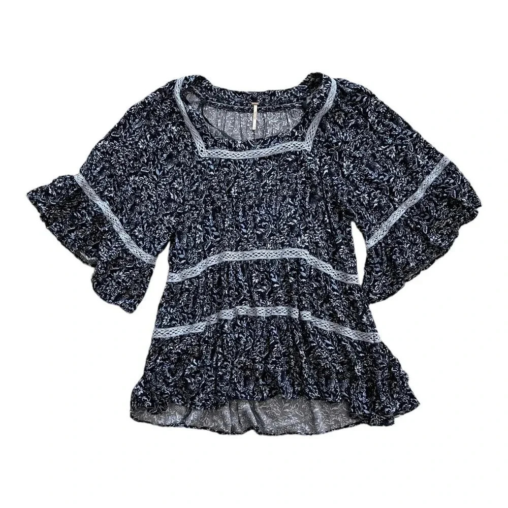 Free People Navy Talk About It Boho Tunic Top S